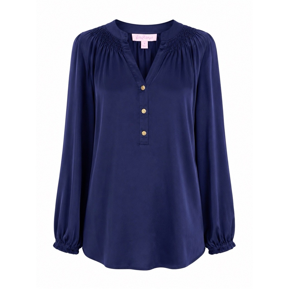 Lilly Pulitzer Elsa Shirt S Navy Silk Tunic Preppy Coastal Classic Blouse